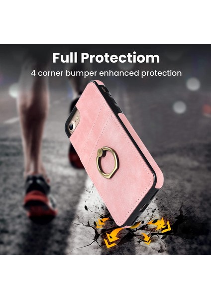 Apple iPhone 7/8 Retro Pu Deri Kaplamalı Tpu Ring Kickstand Telefon Kılıf Kart Tutucu Geri Kapak Pembe (Yurt Dışından) modelleri