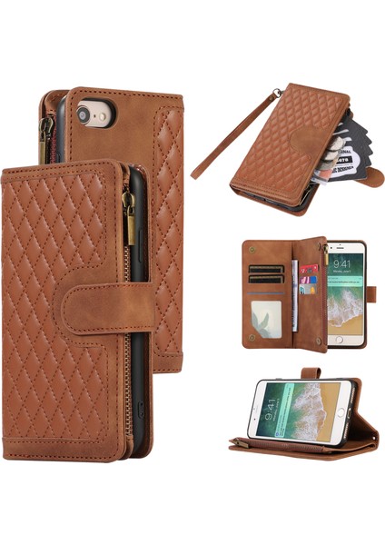 Apple iPhone 7/8 Baskılı Telefon Kılıfı 9 Kart Yuvaları Deri Cüzdan Stand Kapağı Fermuarı Pocket-Brown (Yurt Dışından)