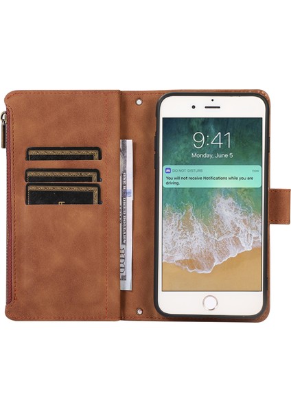 Apple iPhone 7/8 Baskılı Telefon Kılıfı 9 Kart Yuvaları Deri Cüzdan Stand Kapağı Fermuarı Pocket-Brown (Yurt Dışından) fiyatları