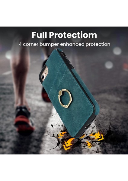 Apple iPhone 7/8 Retro Pu Deri Kaplamalı Tpu Ring Kickstand Telefon Kılıf Kart Tutucu Geri Kapak Yeşilleri (Yurt Dışından) modelleri