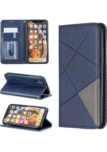 Geometrik Desen Deri Kart Sahibi Telefon Kasası, Apple iPhone X/xs-Mavi Standı (Yurt Dışından)