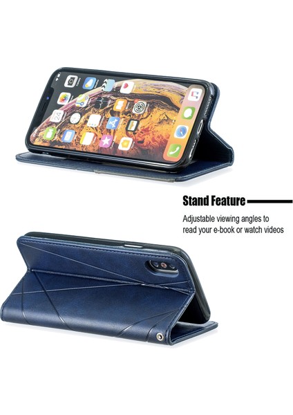 Geometrik Desen Deri Kart Sahibi Telefon Kasası, Apple iPhone X/xs-Mavi Standı (Yurt Dışından)