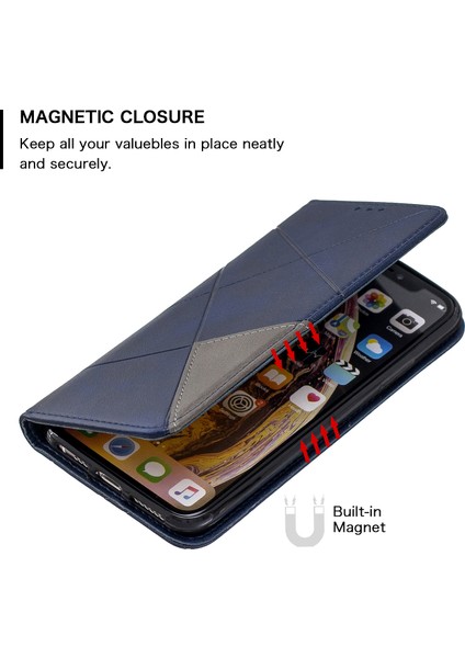 Geometrik Desen Deri Kart Sahibi Telefon Kasası, Apple iPhone X/xs-Mavi Standı (Yurt Dışından)