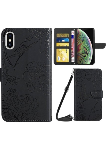 Apple iPhone Xs Için Maksimum Telefon Kılıfı Cilt Touch Deri Kapak Baskı Kelebekleri Çiçek Desen Cüzdan Omuz Kayışı Black ile Telefon Kılıfı (Yurt Dışından)