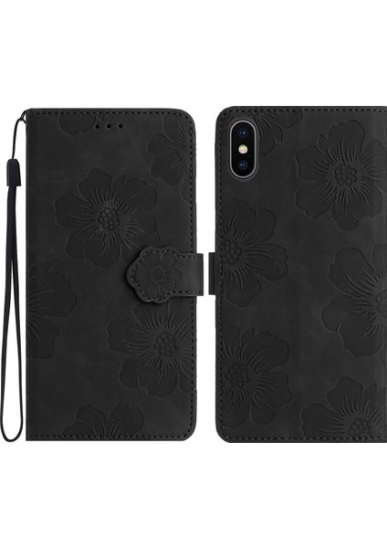 Apple iPhone X/xs Çiçekler Için Baskı Mobil Kasa Pu Deri Cüzdan Anti-Damla Standı Kapak-Siyah (Yurt Dışından)