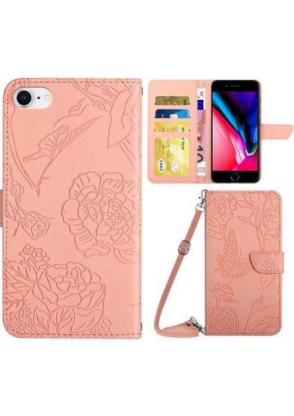 Apple iPhone 8/7 Kelebekler Için Çiçek Baskılı Stand Deri Kılıf Cüzdan Kapağı Omuz Kayış Pembe (Yurt Dışından)