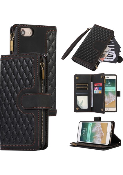 Apple iPhone 7/8 Baskılı Telefon Kılıfı 9 Kart Yuvaları Deri Cüzdan Stand Kapağı Zipper Cep-Black (Yurt Dışından)