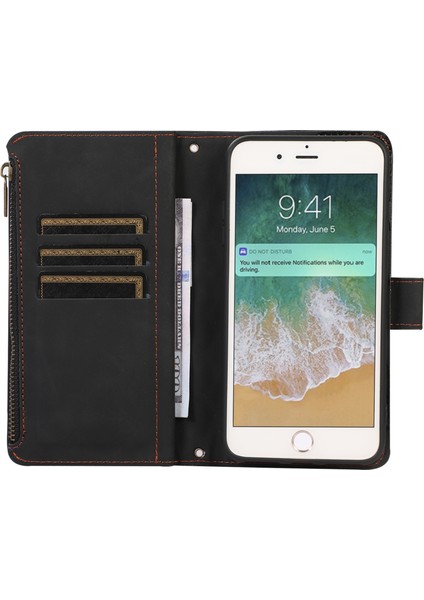 Apple iPhone 7/8 Baskılı Telefon Kılıfı 9 Kart Yuvaları Deri Cüzdan Stand Kapağı Zipper Cep-Black (Yurt Dışından) fiyatları
