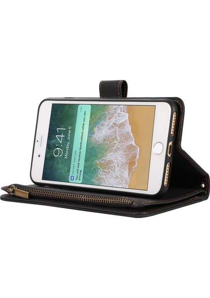 Apple iPhone 7/8 Baskılı Telefon Kılıfı 9 Kart Yuvaları Deri Cüzdan Stand Kapağı Zipper Cep-Black (Yurt Dışından) modelleri