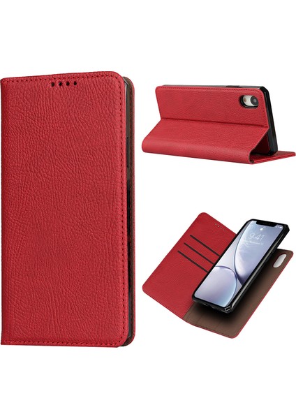 Litchi Cilt Orijinal Deri Tpu Stand Kabuğu Apple iPhone Xr Çıkarılabilir 2'de 1 Case-Red (Yurt Dışından)