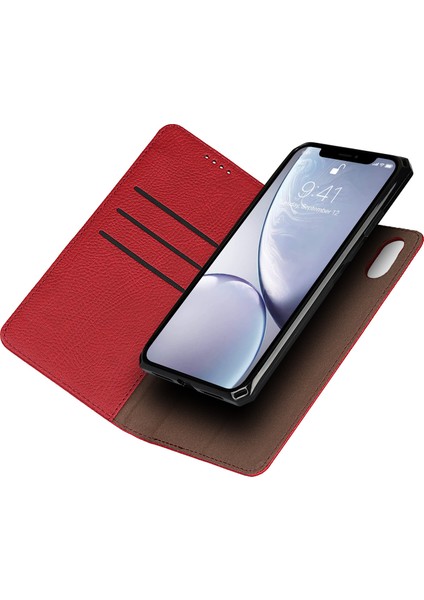 Litchi Cilt Orijinal Deri Tpu Stand Kabuğu Apple iPhone Xr Çıkarılabilir 2'de 1 Case-Red (Yurt Dışından)