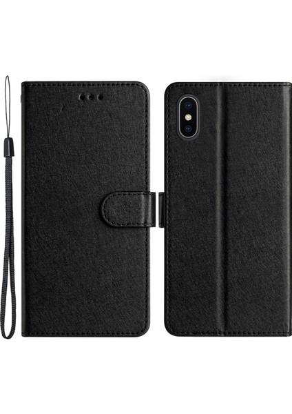 Pu Deri Kılıf Apple iPhone X/xs Ipek Doku Telefon Kapağı Cüzdan Standıyla Bilek Kayış Black (Yurt Dışından)