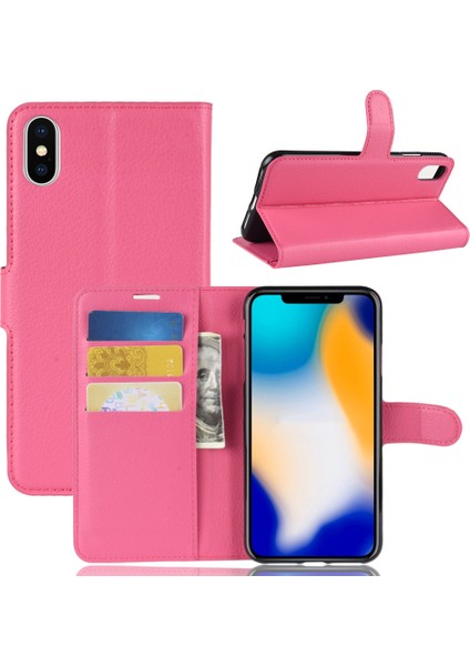 Litchi Doku Cüzdan Stand Deri Cep Telefon Kılıfı Apple iPhone Xs Max-Rose Için (Yurt Dışından)