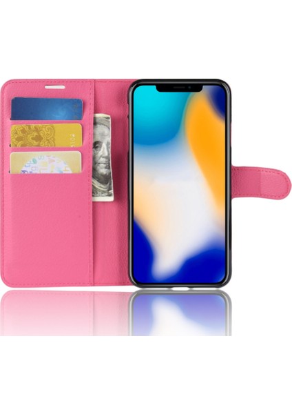 Litchi Doku Cüzdan Stand Deri Cep Telefon Kılıfı Apple iPhone Xs Max-Rose Için (Yurt Dışından)