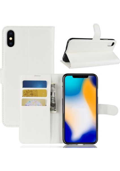 Litchi Doku Cüzdan Stand Deri Koruyucu Telefon Kapağı Apple iPhone Xs Max-Whıte Için (Yurt Dışından)