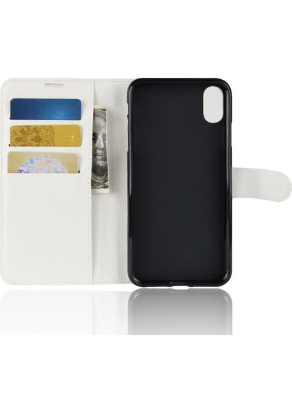 Litchi Doku Cüzdan Stand Deri Koruyucu Telefon Kapağı Apple iPhone Xs Max-Whıte Için (Yurt Dışından)
