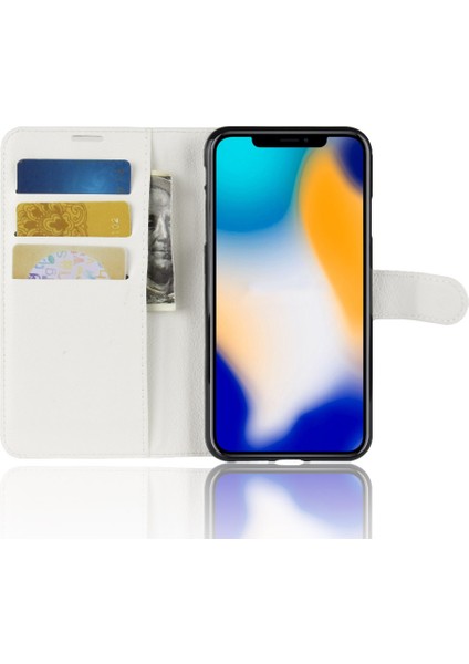 Litchi Doku Cüzdan Stand Deri Koruyucu Telefon Kapağı Apple iPhone Xs Max-Whıte Için (Yurt Dışından)