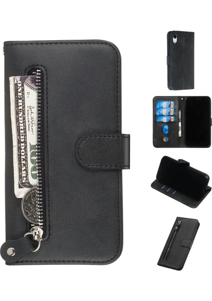Fermuar Cep Moda Cüzdanı Apple iPhone Xr-Black Için Flip Deri Telefon Kasası Kapağı (Yurt Dışından)