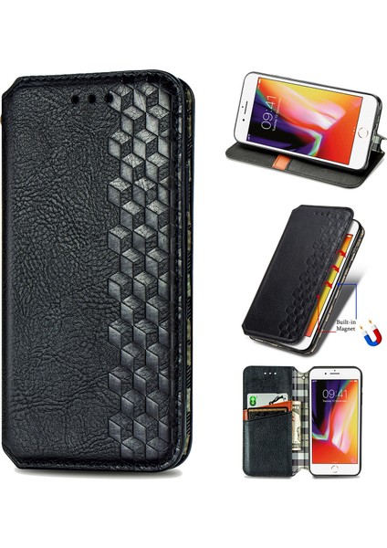 Moda Otomatik Emici Eşkenar Doku Pu Deri Cüzdan Stant Örtüsü Apple iPhone Se-Black (Yurt Dışından)