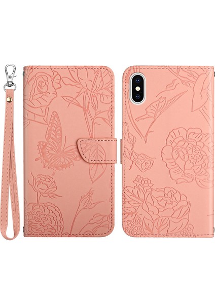 Apple iPhone Xs Için Max Telefon Kılıfı Pu Deri Kılıf Katlama Stand Cilt Dokunuşu Hissedilmiş Kelebek Çiçek Deseni Baskılı Flip Cüzdan Telefon Kapağı Bilek Strap-Pink ile (Yurt Dışından)