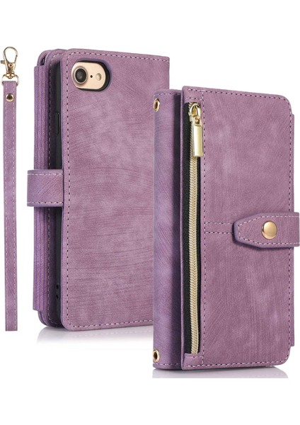 Apple iPhone 7/8 Fermuar Cep Birden Fazla Kart Yuvası Pu Deri Kasa Standı Cüzdan Folio Flip Telefon Kapağı (Yurt Dışından)