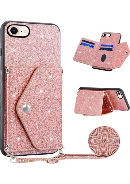 Apple iPhone 7/8kickstand Telefon Kasası Pu Derisi+Tpu Kart Tutucu-Pembe ile Tpu Işıltılı Toz Kapağı (Yurt Dışından)