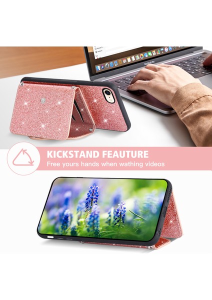 Apple iPhone 7/8kickstand Telefon Kasası Pu Derisi+Tpu Kart Tutucu-Pembe ile Tpu Işıltılı Toz Kapağı (Yurt Dışından) modelleri