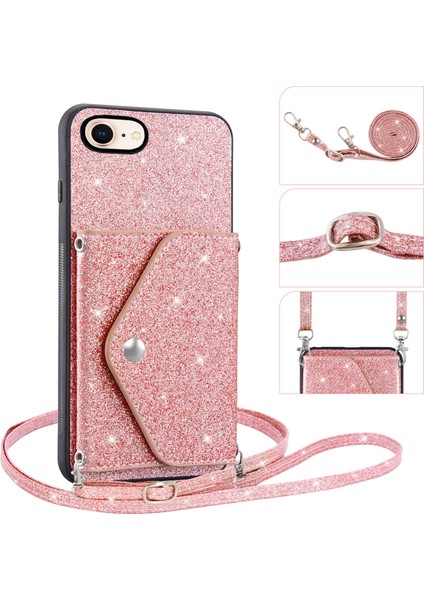 Apple iPhone 7/8kickstand Telefon Kasası Pu Derisi+Tpu Kart Tutucu-Pembe ile Tpu Işıltılı Toz Kapağı (Yurt Dışından) fırsatları