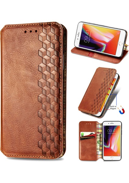 Moda Otomatik Emici Eşkenar Doku Pu Deri Cüzdan Stant Örtüsü Apple iPhone Se-Kahverengi (Yurt Dışından)
