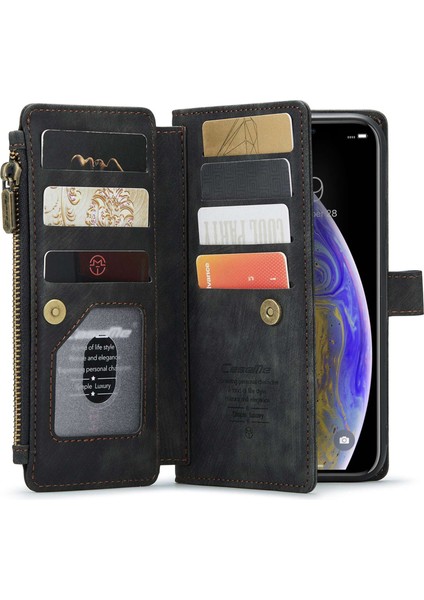 Apple iPhone Xs Maks Telefon Kılıfı Birden Çok Kart Yuvası Fermuarı Cep Cüzdan Telefon Kılıfı Pu Deri Anti Drop Kapak Black (Yurt Dışından)