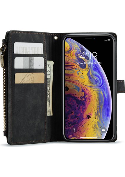 Apple iPhone Xs Maks Telefon Kılıfı Birden Çok Kart Yuvası Fermuarı Cep Cüzdan Telefon Kılıfı Pu Deri Anti Drop Kapak Black (Yurt Dışından)