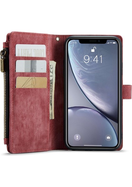 Apple iPhone Xr Şok-Absorpsiyon Fermuarı Cep Telefonu Cüzdan Kılıfı Kullanışlı Kayış Telefon Koruyucu Kabuk Kartı Tutucu-Kırmızı (Yurt Dışından) fırsatları