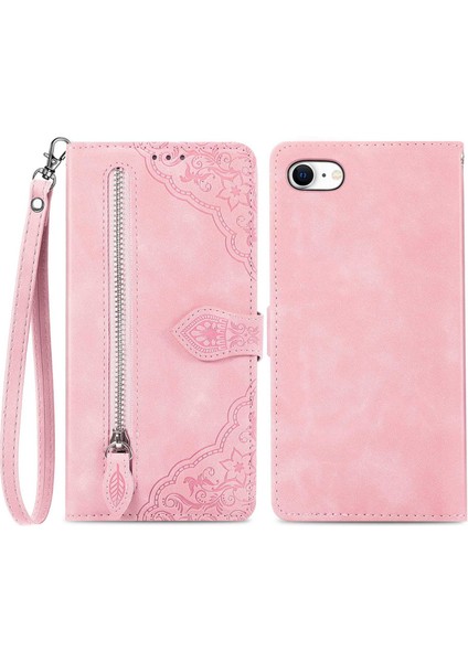 Apple iPhone 6/6s Için Çiçek Baskılı Pu Deri Kasa Cüzdan Standı Telefon Kapağı Fermuarlı Cep-Pembe (Yurt Dışından)