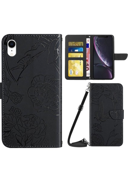 Apple iPhone Xr Stand Telefon Kılıfı Pu Deri Baskı Kelebekleri Çiçek Desen Cüzdan Kabuğu Omuz Kayışı Black (Yurt Dışından)