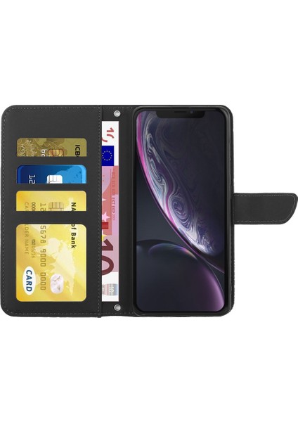 Apple iPhone Xr Stand Telefon Kılıfı Pu Deri Baskı Kelebekleri Çiçek Desen Cüzdan Kabuğu Omuz Kayışı Black (Yurt Dışından)