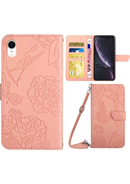 Apple iPhone Xr Stand Telefon Kılıfı Pu Deri Baskı Kelebekleri Çiçek Desen Cüzdan Kabuğu Omuz Kayış Pembe (Yurt Dışından)