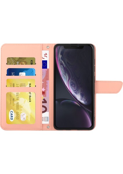 Apple iPhone Xr Stand Telefon Kılıfı Pu Deri Baskı Kelebekleri Çiçek Desen Cüzdan Kabuğu Omuz Kayış Pembe (Yurt Dışından)