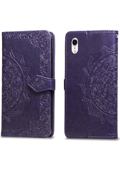 Apple iPhone Xr-Purple Için Baskılı Yarım Mandala Çiçek Deri Cüzdan Stand Koruyucu Kabuk (Yurt Dışından)
