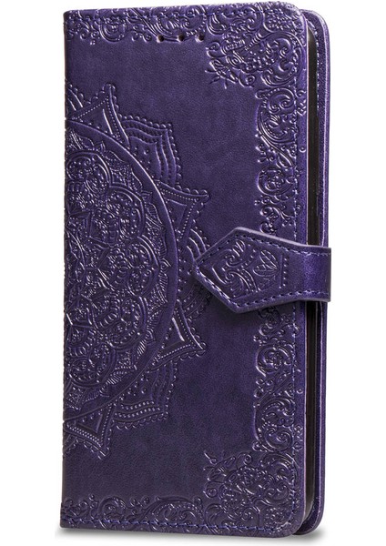 Apple iPhone Xr-Purple Için Baskılı Yarım Mandala Çiçek Deri Cüzdan Stand Koruyucu Kabuk (Yurt Dışından)