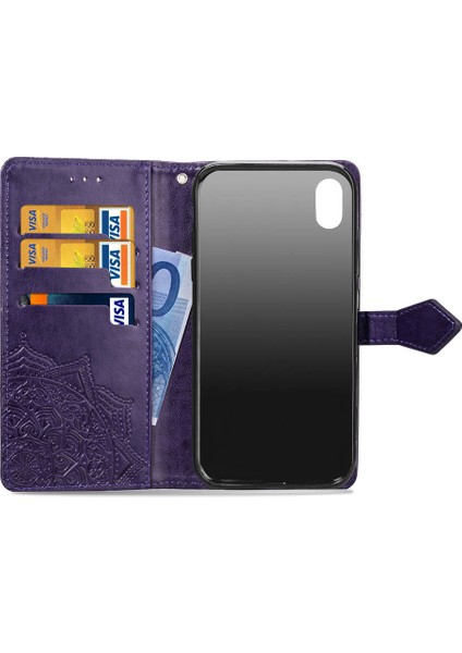 Apple iPhone Xr-Purple Için Baskılı Yarım Mandala Çiçek Deri Cüzdan Stand Koruyucu Kabuk (Yurt Dışından)
