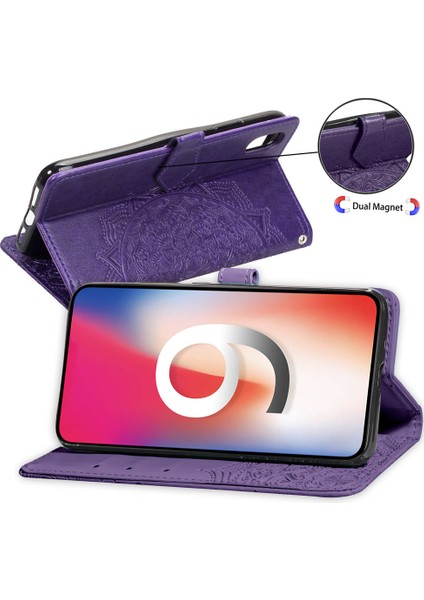 Apple iPhone Xr-Purple Için Baskılı Yarım Mandala Çiçek Deri Cüzdan Stand Koruyucu Kabuk (Yurt Dışından)