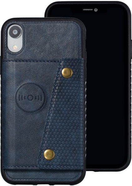 Apple iPhone Xr Kickstand Card Tutucu Pu Deri Kaplamalı Tpu Kılıfı [dahili Araç Manyetik Sayfası] Mavi (Yurt Dışından)