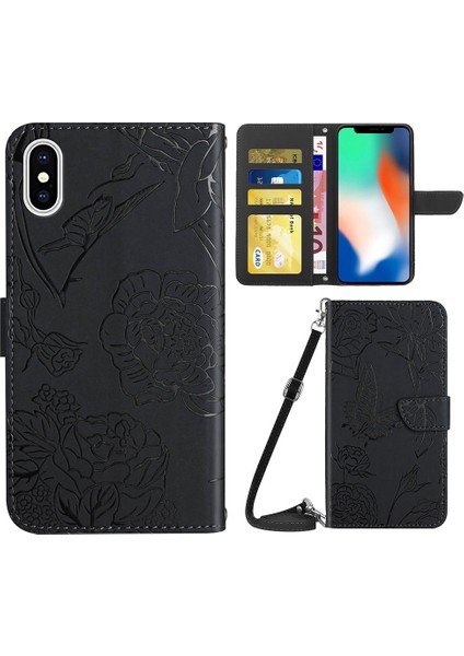 Apple iPhone X/xs Telefon Kılıfı Baskısı Kelebekler Çiçek Deseni Pu Deri Cüzdan Stand Telefon Kılıfı Omuz Kayışı Black (Yurt Dışından)
