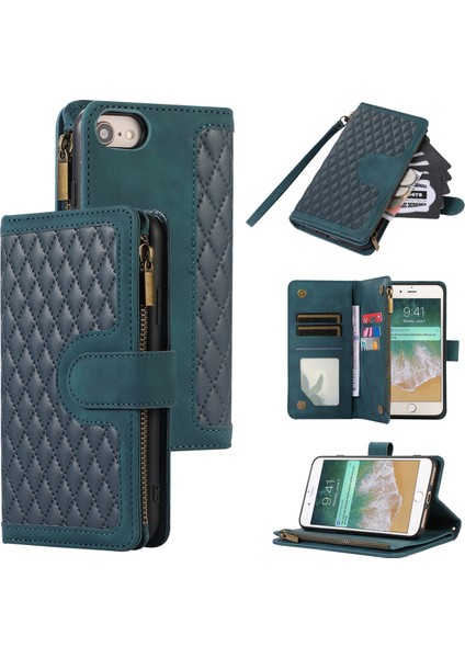 Apple iPhone 7/8 Baskılı Telefon Kılıfı 9 Kart Yuvaları Deri Cüzdan Stand Kapağı Zipper Cep Yeşili (Yurt Dışından)