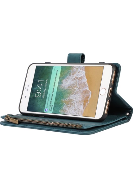 Apple iPhone 7/8 Baskılı Telefon Kılıfı 9 Kart Yuvaları Deri Cüzdan Stand Kapağı Zipper Cep Yeşili (Yurt Dışından) modelleri