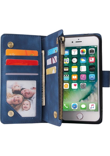 Apple iPhone 6 Için Birden Çok Kart Yuvası Stand Pu Deri Deri Fermuarı Cep Telefonu Cüzdan Kapak Blue (Yurt Dışından)