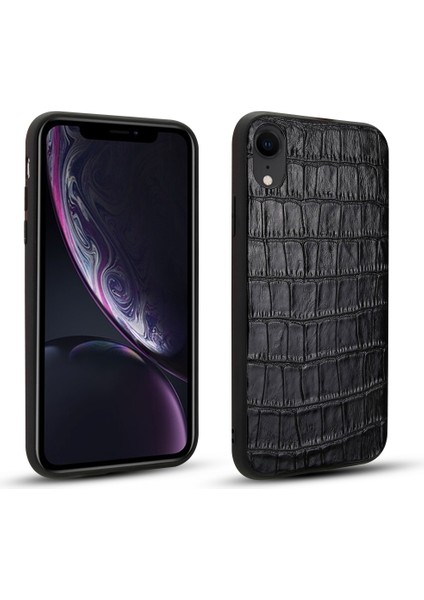 Timsah Doku Apple iPhone Xr-Black Için Orijinal Deri Kaplamalı Tpu Telefon Kılıfı (Yurt Dışından)