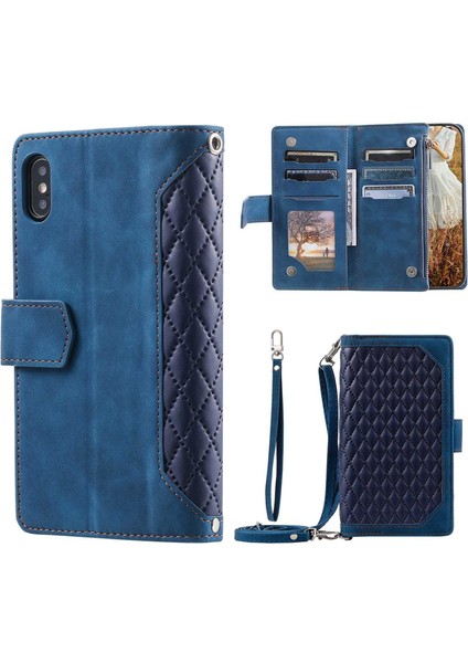 Apple iPhone Xs Max Telefon Kılıfı Için Zipper Cep Deri Kılıfı, Rhombus Doku Stand Omuz Kayışı ve El Kayışı Mavisi ile Şok Geçirmez Telefon Kapağı (Yurt Dışından)