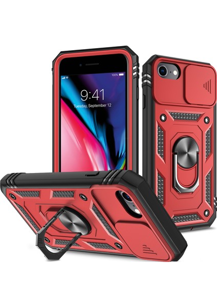 Apple iPhone Se Se Ring Kickstand Hard Pc Back+Yumuşak Tpu Edge Kamera Kapağı ile Kırmızı/siyah (Yurt Dışından)