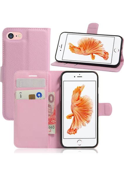 Litchi Tahıl Deri Cüzdan Kılıfı Folio Folio Apple iPhone Se 2nd Gen-Pink Için Koruyucu Kapak (Yurt Dışından)